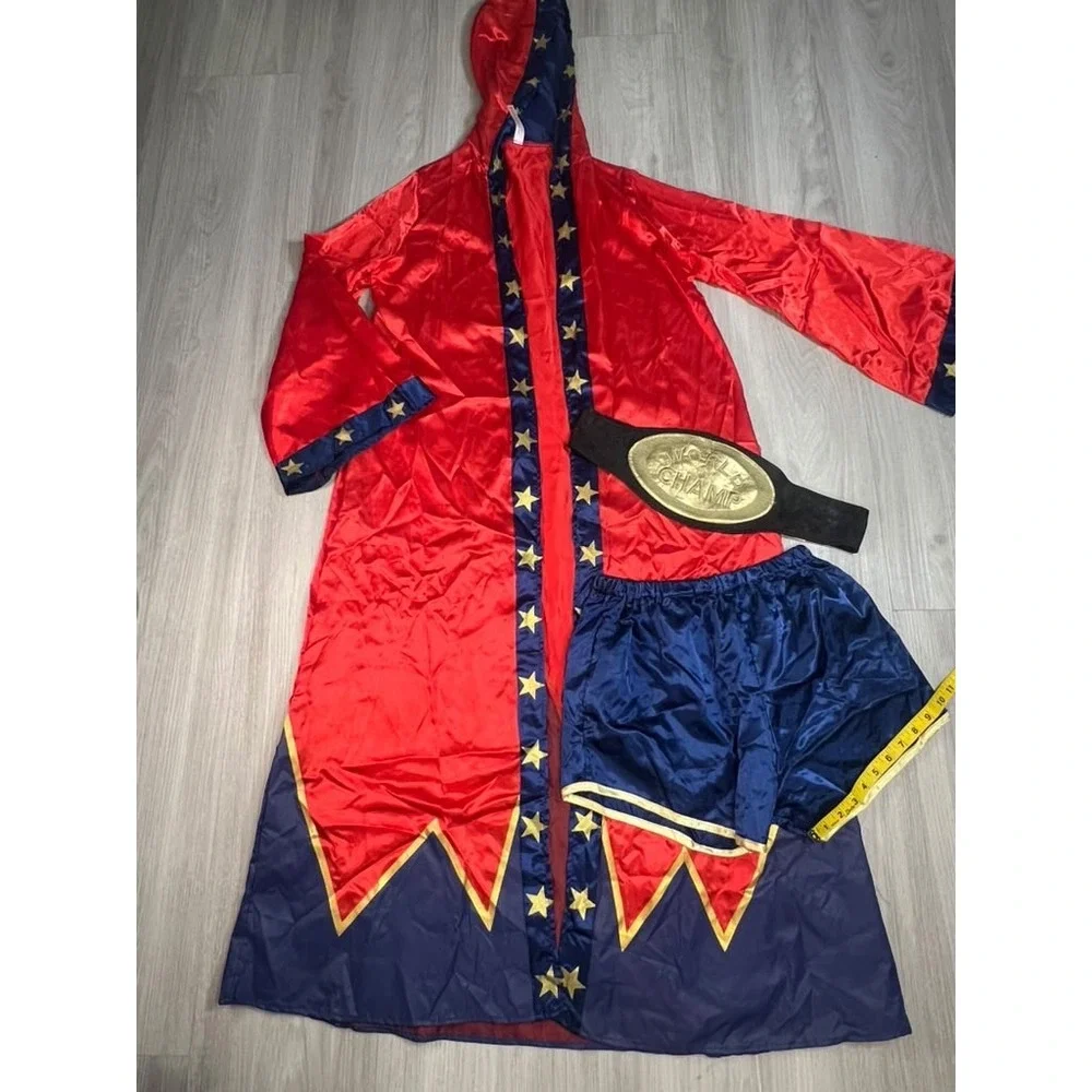 Womens Boxing Champion Costume Set Red Blue Satin Robe Shorts World Champ Belt
